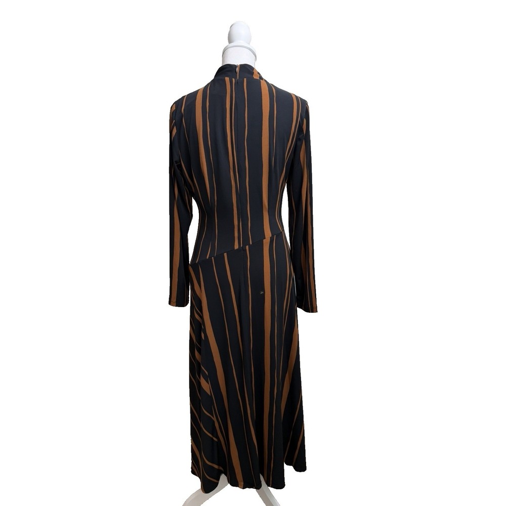 Taylor Women's Black and Rust Stripe Midi‎ Dress Asymmetrical Hem High neck L - Picture 2 of 7